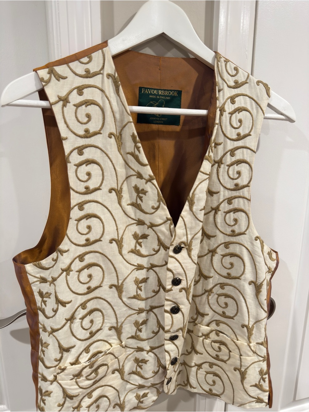 Favourbrook England Embroidered Brocade Waistcoat Vest Ivory Gold Formal Wedding - Picture 2 of 9